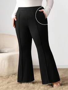 Enliva Obviously_ebony Plus Size Women's Elastic Flare Pants With Pocket Details, For Apple Rounded Body Shape - Black - View 2