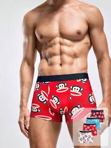 Paul Frank X SHEIN 4pcs Men's Cartoon Monkey Print Fashionable Breathable Trunk,Boxer Briefs,White Red Blue Black - Multicolor - View 7