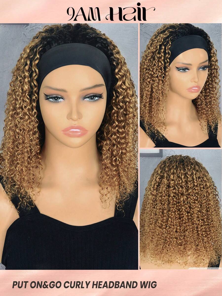 Ombre Ice Silk Headband Wig Human Hair Wig Jerry Curly Hair T1B/30 None Lace Front Wigs Curly Wave Human Virgin Hair For Women Daily Use 14 Inch