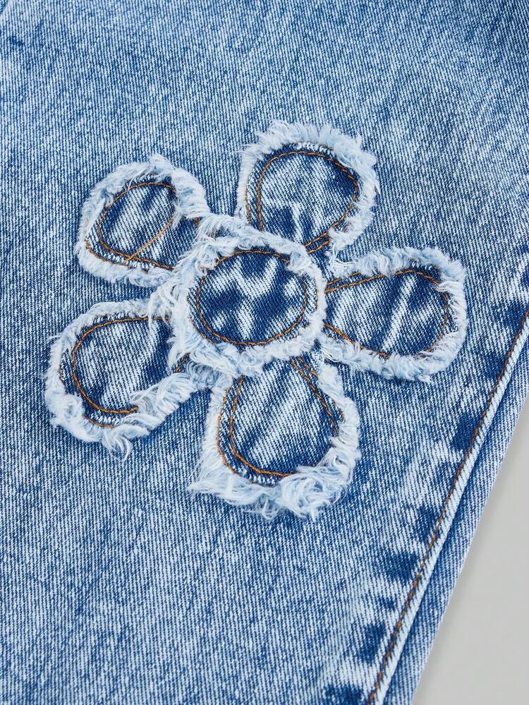 SHEIN ChillGRL Jeans de pierna ancha con lavado desgastado y bordado de copos de nieve para niñas preadolescentes - Azul lavado medio - Añade 4