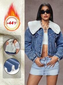 Jeanoix Women's Fuzzy Collar Long Sleeve Cropped Denim Washed Top, Autumn/Winter - Dark Wash - View 1