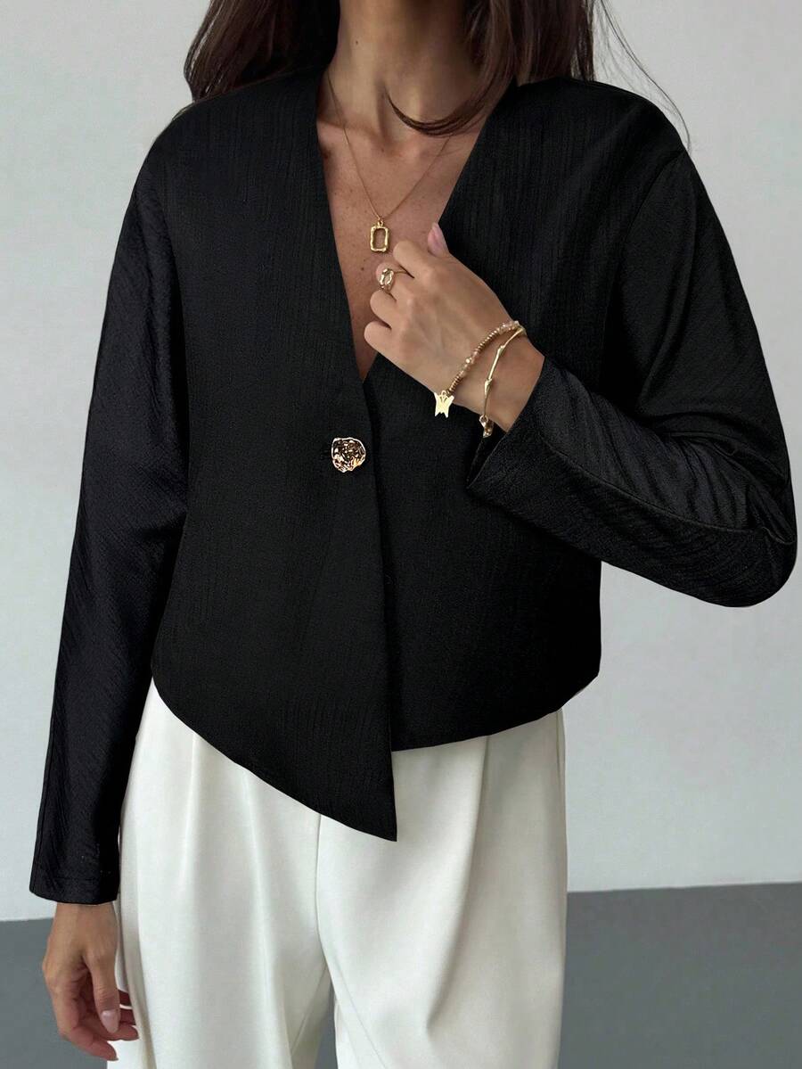 Aloruh 1 pezzo Maglietta donna oversize a maniche lunghe con orlo asimmetrico, tinta unita - nero - Visualizzare 1