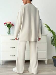 EURMUSE Plus Size Women Autumn Raglan Sleeve Loose Knit Sweater And Knit Pants Casual Suit - Beige - View 2