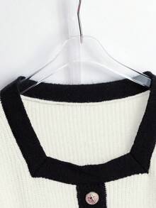 Franclia European & American Style Blogger Same Elegant Metal Buckle Contrast Color Square Collar Fitted Puff Sleeve Pullover Sweater - White - View 3