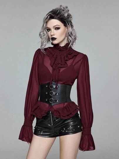 Goth Camisa transparente con cuello Mao de estilo gótico medieval