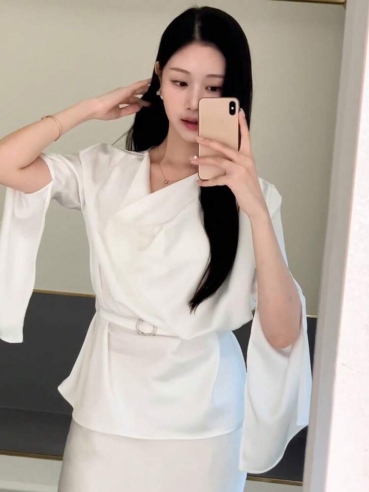 Women's Elegant Satin Ruffle Collar Shirt With Waist Tie And Puff Sleeves Long Sleeve