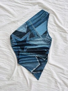 Soleia 女士不对称下摆牛仔效果不对称肩部衬衫，适合情人节、音乐节、下午茶、度假等场合穿着。 - 藏蓝色 - 查看 3