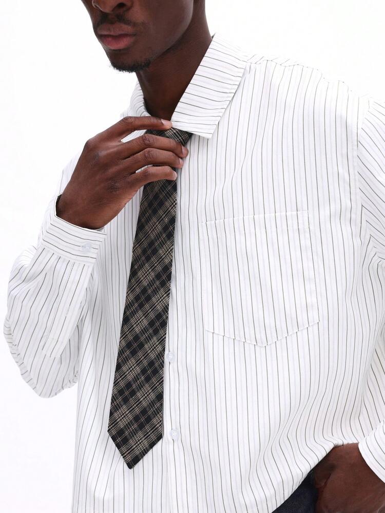 Crop Fit Pinstripe Shirt With Attached Tie