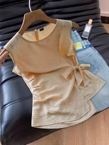 Modelyn Women's Solid Color Round Neck Sleeveless Pleated Bow Tie Back Tank Top - Khaki - View 2