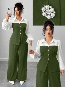 Elenzga 古怪优雅系列（忧郁气质）（周三美学）两件套复古优雅套装 - 軍綠色 - 查看 1