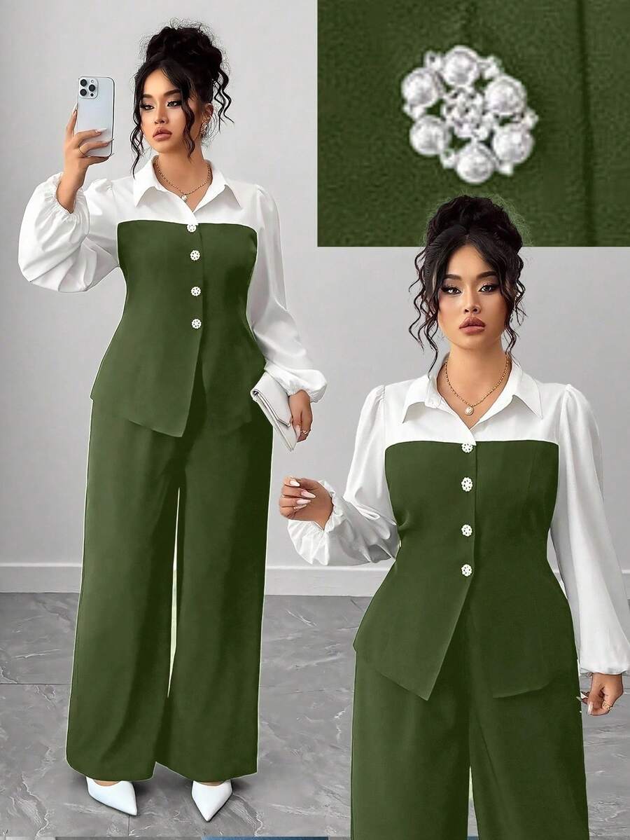 Elenzga 古怪优雅系列（忧郁气质）（周三美学）两件套复古优雅套装 - 軍綠色 - 查看 1