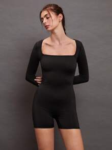 Activina Square Collar Long Sleeve Solid Color Sport Romper - Black - View 3