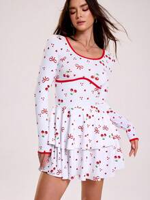 Sovereign Charm Women's Red And White Cherry Print Long Sleeve Dress,Cute Summer Vacation Outdoor Sports Mini Layered Tiered Ruffle Dress With Phone Pocket Shorts - Red and White - View 1