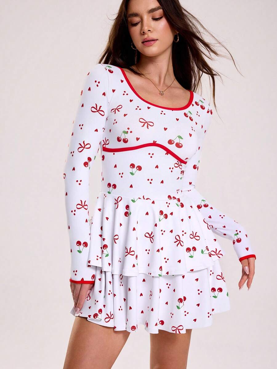 Sovereign Charm Women's Red And White Cherry Print Long Sleeve Dress,Cute Summer Vacation Outdoor Sports Mini Layered Tiered Ruffle Dress With Phone Pocket Shorts - Red and White - View 1