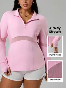 Rhythm Era Sweatshirt Sporty Lengan Panjang Warna Polos Wanita dengan Resleting Setengah di Bagian Depan - Berwarna merah muda - View 1