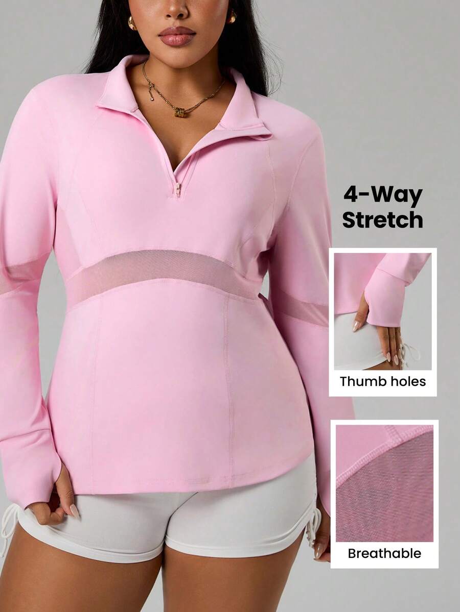 Rhythm Era Sweatshirt Sporty Lengan Panjang Warna Polos Wanita dengan Resleting Setengah di Bagian Depan - Berwarna merah muda - View 1