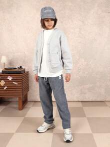 SUMWON Boys Ribbed Corduroy Pull On Elastic Waist Casual Pants Comfortable Relaxed Fit Everyday School Wear Drawstring Trousers Vacation - Grey - View 3