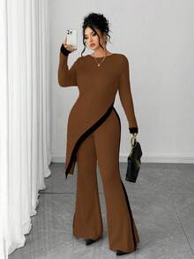 Elenzga Plus Size Women Casual Contrast Binding Asymmetrical Hem Ribbed Knit Sweater And Flare Pants Set, Autumn/Winter - Chocolate Brown - View 4
