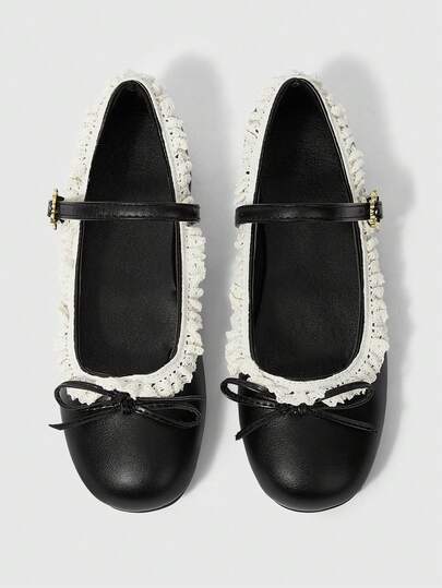 ROMWE Kawaii 女士时尚甜美蕾丝边蝴蝶结装饰平底鞋