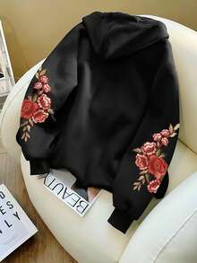 Resyla 女士休闲花卉刺绣拉链抽绳连帽外套，秋季 - 黑色 - 查看 2