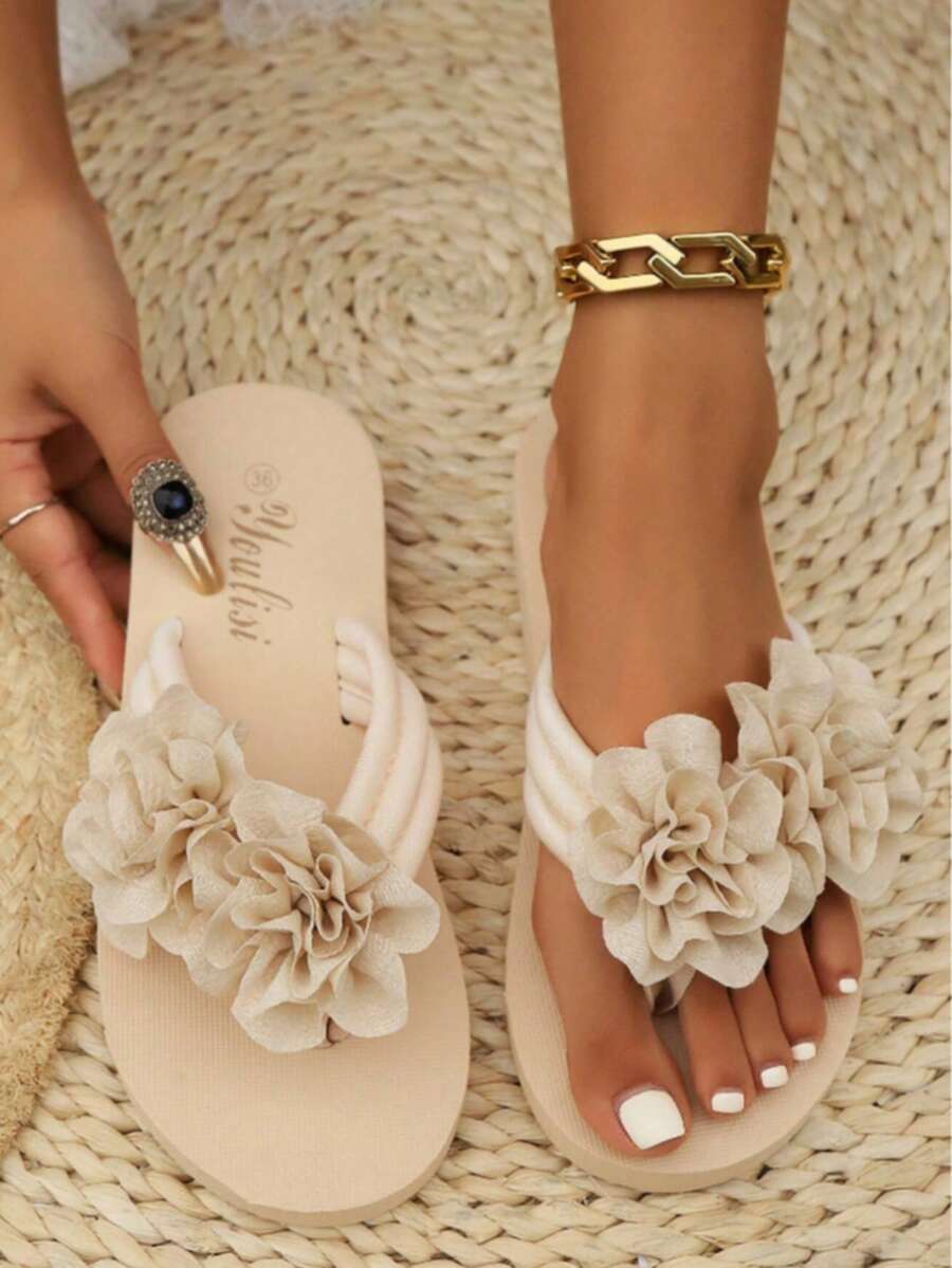 Sandalia de mujer decoración floral punta abierta tiras dobles plana estilo romántico para verano y vacaciones - Beis - Ver 1
