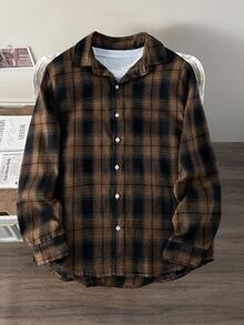 Manfinity Joysei 男士春季休闲格子长袖衬衫，适合秋季 - 咖啡棕 - 查看 3