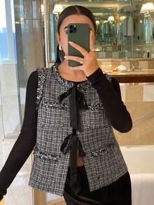 Livesso Women's Casual Plaid Lace-Up Regular Jacket, Autumn/Winter Women Coats - Black - View 3