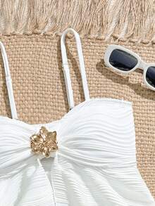 SHEIN Tween Girls Floral Print Spaghetti Strap Bikini 2-Piece Swimsuit, Spring/Summer Seashell Bathing Suit Swimsuits For Teen Girls White High Waist Swimsuit Set White Bikini Set Bathing Suit Sets 3 Piece Bikini Set Modest Bikini Set Girls Two Pieces Bathing Suit Beachwear For Tweens Two Pieces Set Swim Suites Two Pieces Longer Top Teens Tankini For Tweens Kids Tankini White High Waist Bikini Modest Bikini Set Petite Swimwear Bathing Suit Set Summer Two Piece White Swimsuit 2 Piece Bikini Set - White - View 3