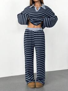 SHEIN PETITE 女款 2 件套海軍藍白條紋 V 領寬鬆長袖 T 恤與彈性腰長褲，秋季居家服冬季針織套裝，適合嬌小女性 - 彩色 - 查看 4