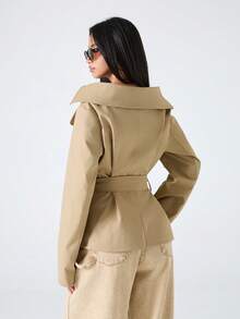 LYSMO Áo khoác trench coat hai hàng khuy có thắt lưng thời trang dành cho nữ - Màu Khaki - Xem 2