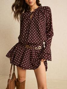 Poéselle Chocolate Brown Polka Dot Long Sleeve Mini Dress For Women, Soft Chiffon Tie-Neck Flowy A-Line Dress With Ruffle Hem,Women's Polka Dot Flare Sleeve Loose Stand Collar Tie-Up Ruffle Hem Short Dress,Chocolate Brown Dress, Satin Maxi Dress Women, Fall Elegant Evening Dress, Minimalist Formal Dress, Ruched Waist Maxi Dress, Long Sleeve Satin Dress, Quiet Luxury Women Dress, Pinterest Autumn Dress, Classy Occasion Dress Women, Polka Dots - Brown - View 1