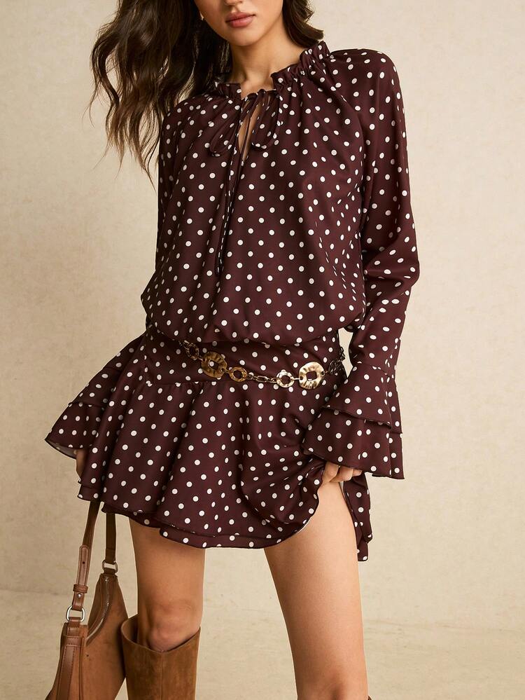 Poéselle Chocolate Brown Polka Dot Long Sleeve Mini Dress For Women, Soft Chiffon Tie-Neck Flowy A-Line Dress With Ruffle Hem,Women's Polka Dot Flare Sleeve Loose Stand Collar Tie-Up Ruffle Hem Short Dress,Chocolate Brown Dress, Satin Maxi Dress Women, Fall Elegant Evening Dress, Minimalist Formal Dress, Ruched Waist Maxi Dress, Long Sleeve Satin Dress, Quiet Luxury Women Dress, Pinterest Autumn Dress, Classy Occasion Dress Women, Polka Dots - Brown - View 1