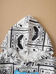 SpongeBob SquarePants | SHEIN Young Boy Black & White Cartoon All-Over Print Loose Fit Hoodie And Sweatpants Set, Autumn/Winter - Yellow - View 3