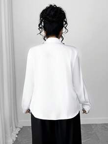 Elenzga Plus Size Solid Color Long Sleeve Casual Shirt - White - View 2