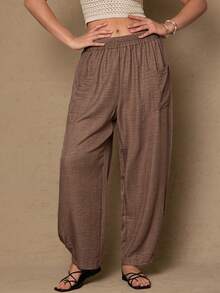 SHEIN LUNE 大码休闲口袋裤 新年优雅女士夏季度假波西米亚风裤子 棕色女士裤子 飘逸女士裤子 宽松裤子 - 綠色 - 查看 2