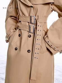 LYSMO Áo khoác trench coat tay loe cài hai hàng khuy thời trang dành cho nữ - Màu Khaki - Xem 8