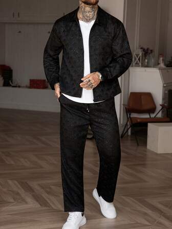 Manfinity Homme Men's Fashionable Retro Versatile Casual Long Sleeve Shirt Set Men Casual Suit Mens 2 Piece Leisure Suits Full Outfit Men Men Suit Set Men Co Ord Set