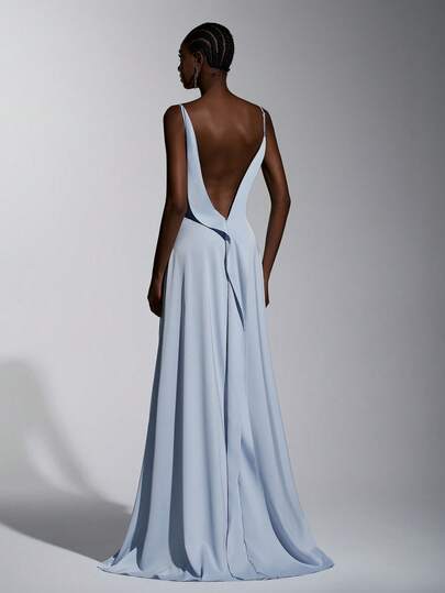 Elitara Elegant Minimalist Gray-Blue Luxury Satin, Handmade Bow Tie Decor, Spaghetti Strap Plunging Neckline Sexy Open Back Mermaid Hem Dress With Train, Suitable For Wedding, Formal Occasions, Bridesmaid Dress