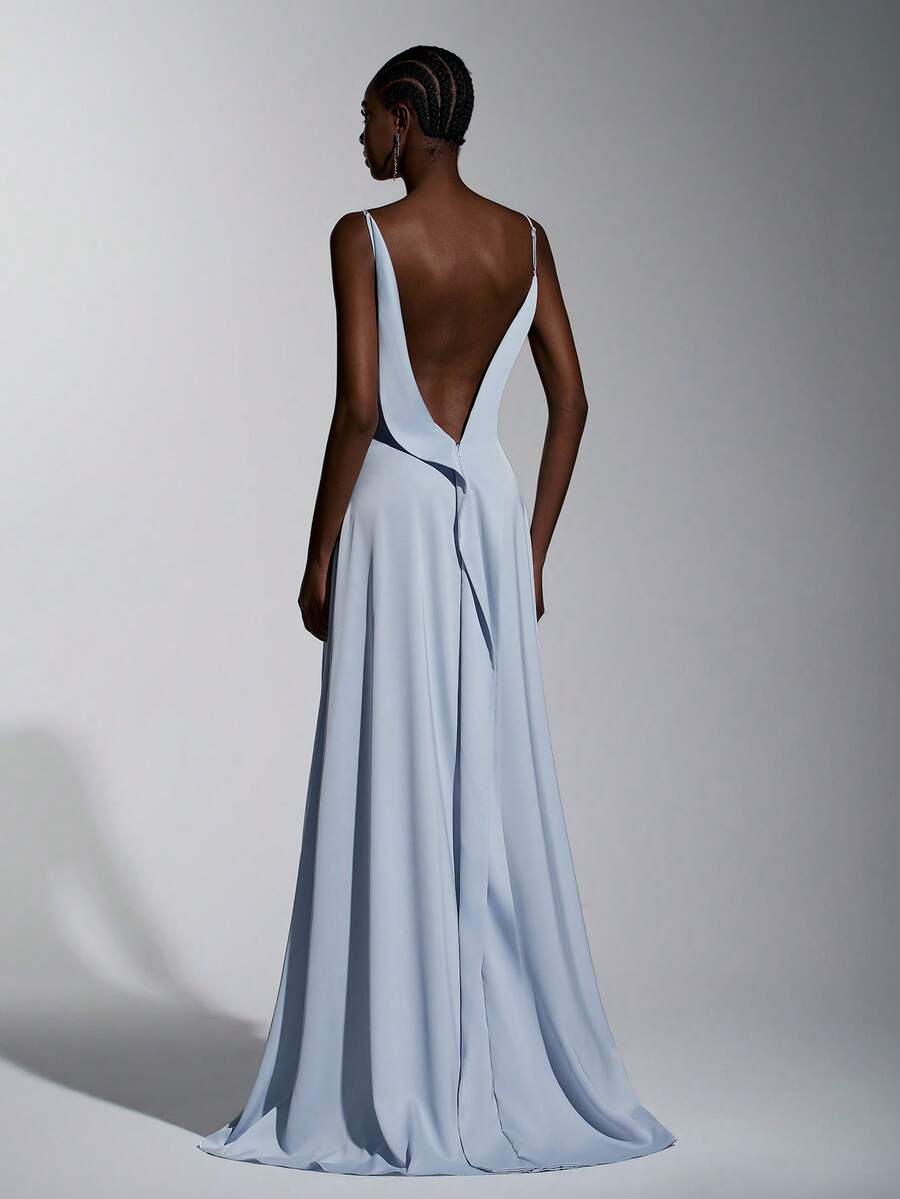 Elitara 优雅简约的灰蓝色奢华缎面礼服，手工蝴蝶结装饰，吊带深V领性感露背鱼尾裙摆，带拖尾，适合婚礼、正式场合、伴娘礼服 - 藍色 - 查看 1