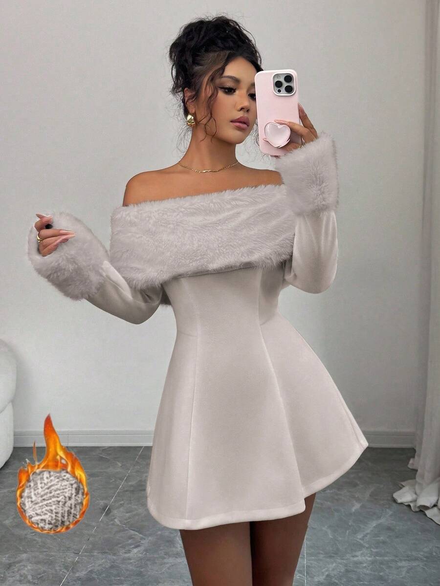 Elenzga 女士优雅狐狸图案露肩收腰长袖连衣裙，秋冬款 - 米色 - 查看 1