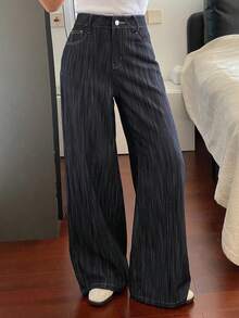 DAZY Women's Regular Waist Striped Loose Straight Leg Jeans, Casual Street Style - Dark Wash - View 1