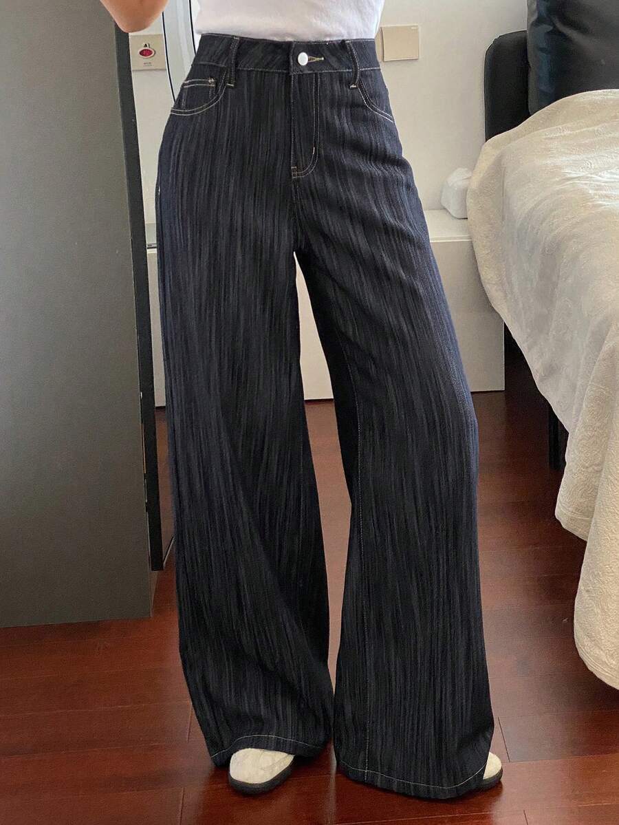 DAZY Women's Regular Waist Striped Loose Straight Leg Jeans, Casual Street Style - Dark Wash - View 1