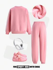 JNSQ Tween Girl Fleece Sweatshirt Set, Letter Embroidery Thick Long Sleeve Outfit, Suitable For Autumn/Winter Daily Wear, Outdoor Activities, Vacation, Streetwear, Party, Casual - Baby Pink - View 2