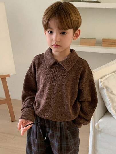 DAZY 男童纯色简约 Polo 领长袖 T 恤，休闲日常穿着