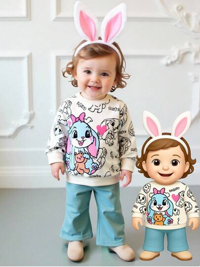 SHEIN Baby Girl Winter Clothing Sets Light Blue Color Pullover Pullover Long-Sleeve Sweatshirt Slim-Flare Pants Playful And Cute All-Over Bright Rabbit Prints Baby Outfits For Girls Ootd