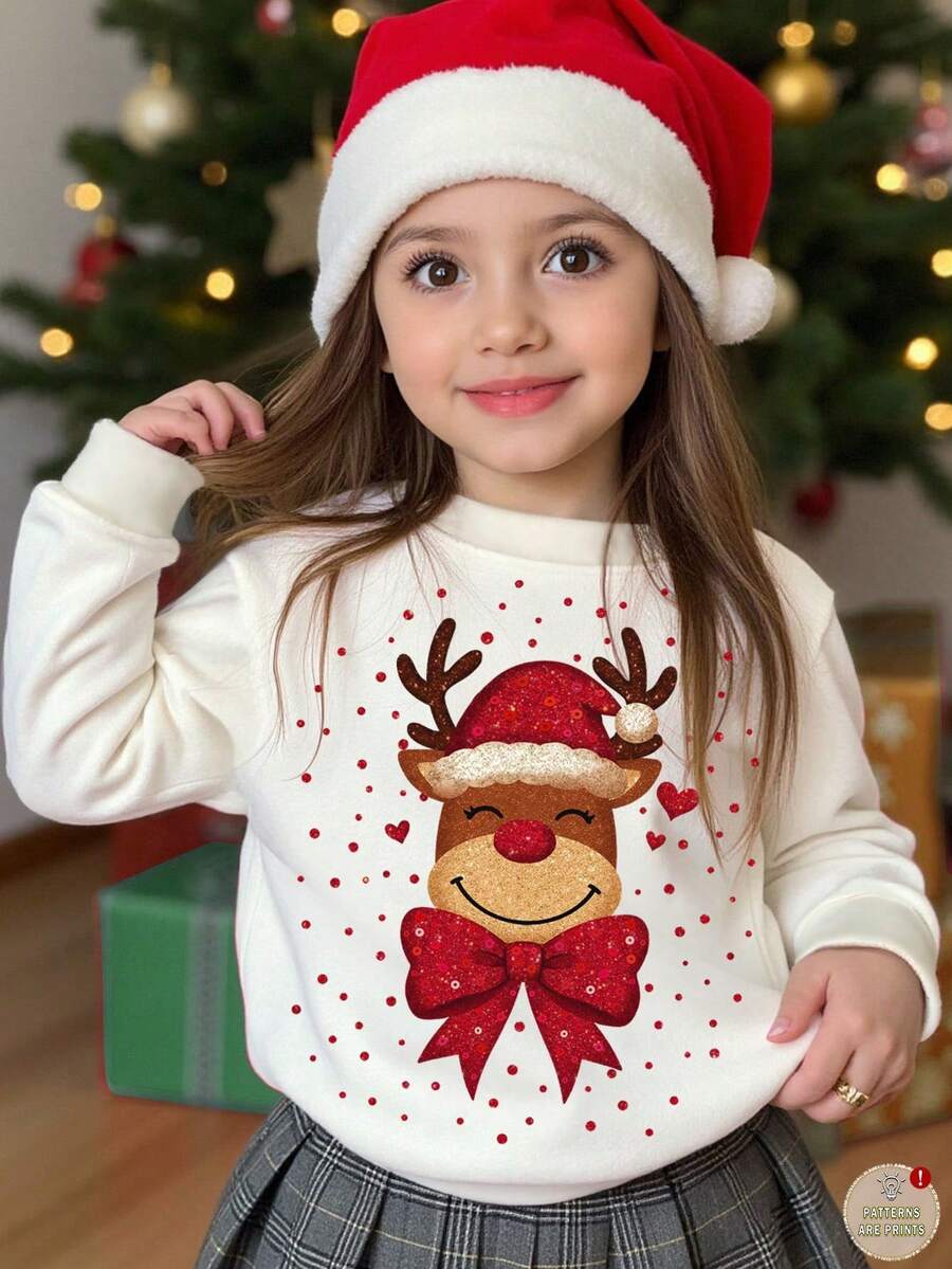 SHEIN Model minimalist casual de Crăciun cu reni drăguți, buline roșii, alb crem, stil balet la modă, moale și drăguț, festiv, hanorac tricotat confortabil cu mânecă lungă, cu guler rotund lejer, potrivit pentru toamnă/iarnă, ieșiri de Crăciun