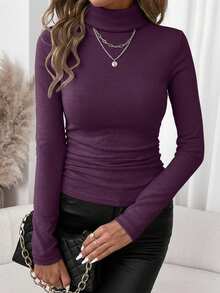 SHEIN Clasi Áo thun cổ cao dày dặn cho nữ, đa năng cho mùa thu/đông - Màu tím - Xem 4