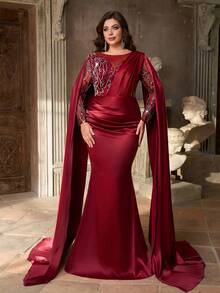 Aureia Váy đuôi cá dáng suông dài tay bo gấu, cổ tròn, thêu sequin, chất liệu satin co giãn, sang trọng, thanh lịch, cỡ lớn, phù hợp cho tiệc tối, tiệc độc thân, hẹn hò, dạ hội, đám cưới, dịp trang trọng (trang trí nhiều) - Màu Đỏ Sâu - Xem 2