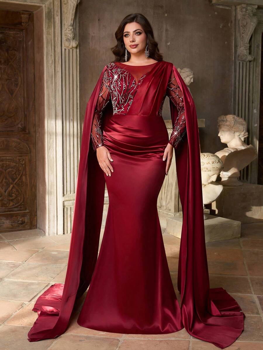 Aureia Váy đuôi cá dáng suông dài tay bo gấu, cổ tròn, thêu sequin, chất liệu satin co giãn, sang trọng, thanh lịch, cỡ lớn, phù hợp cho tiệc tối, tiệc độc thân, hẹn hò, dạ hội, đám cưới, dịp trang trọng (trang trí nhiều)