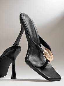 SHUZIA Giày sandal đế xuồng thoải mái, tối giản, có trang trí kim loại dành cho nữ - màu đen - Xem 3